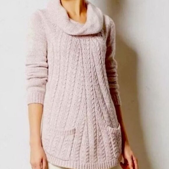 Guinevere Sweaters - Anthropologie Guinevere Cable Knit Cowl Neck Front Pockets Pink Sweater XS